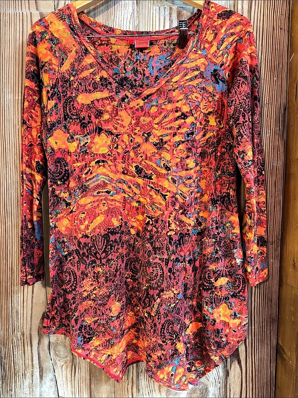 Tanello v neck Tunic Paisley Print in Red & Orange sheer at burn out Size Large